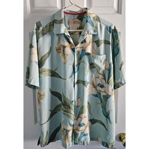 Tommy Bahama Men's Button Down SS Blue Flowers Large 100% Silk Vacation Party